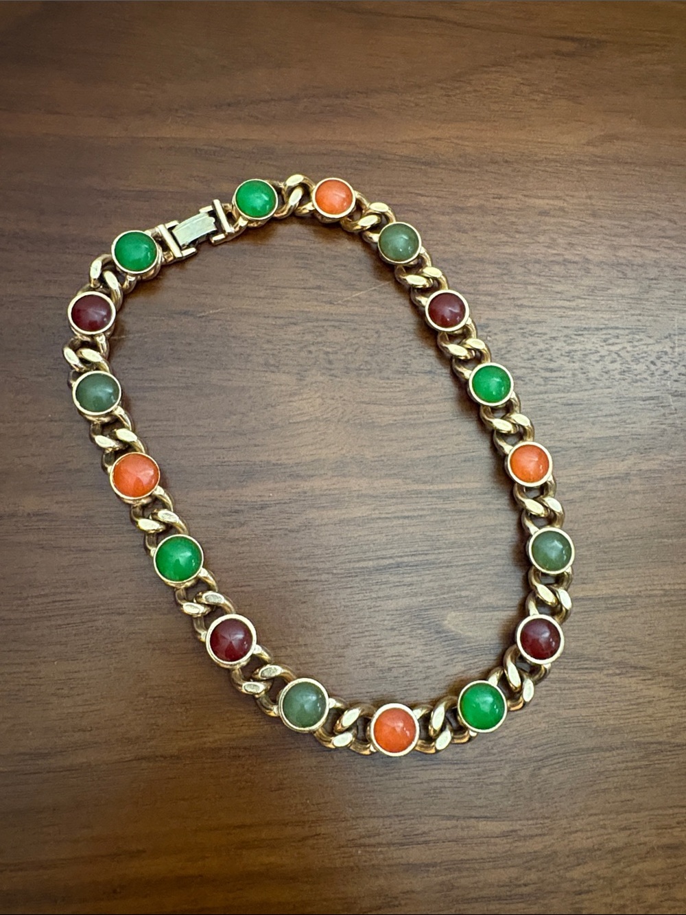 Vintage Gold-Tone Multicolor Resin Cabochon Link Necklace - Green, Orange, Red